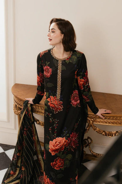 3 Piece Printed Raw Silk Suit with Striped Dupatta