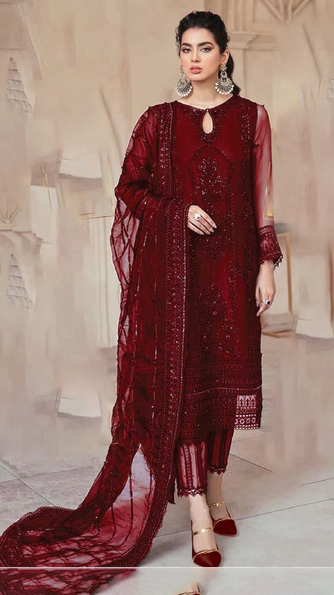 3 Piece Net Suit with Silk Trouser & Embroidered Dupatta