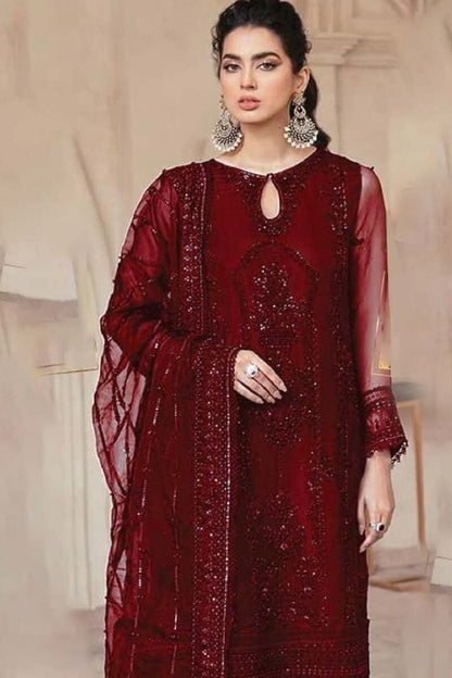 3 Piece Net Suit with Silk Trouser & Embroidered Dupatta